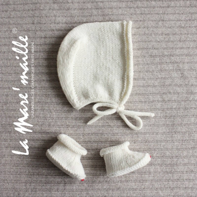 Ensemble chaussons et bonnet bébé maille laine Merinos écru