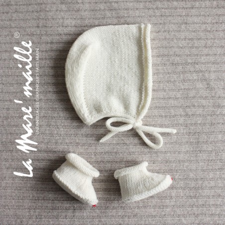 Ensemble chaussons et bonnet bébé maille laine Merinos écru