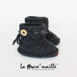 Ensemble chaussons bébé et bonnet béguin laine gris foncé tricot main
