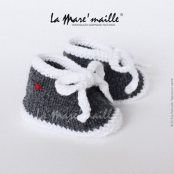 Chaussons Bebe Naissance Facon Basket En Laine Gris Fonce Tricot Main