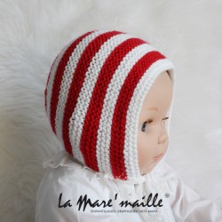 Bonnet béguin bébé marinière en laine rayures rouge et blanc