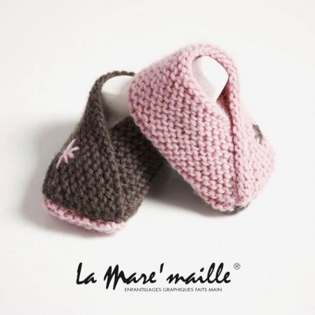 Chaussons bébé maille laine rose et taupe taille 0-3 et 3-6 mois en stock