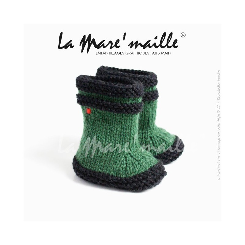 Chaussons bébé style bottes de pluie en laine verte hommage à Aigle taille 0-3 mois en stock