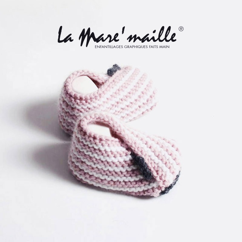 Chaussons bébé maille rayés laine rose et blanc 0-3 mois en stock