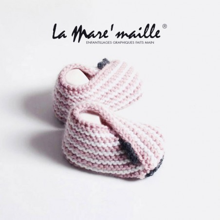 Chaussons bébé maille rayés laine rose et blanc 0-3 mois en stock