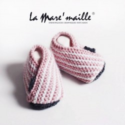 Chaussons bébé maille rayés laine rose et blanc 0-3 mois en stock
