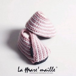 Chaussons bébé maille rayés laine rose et blanc 0-3 mois en stock