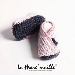 Chaussons bébé maille rayés laine rose et blanc 0-3 mois en stock