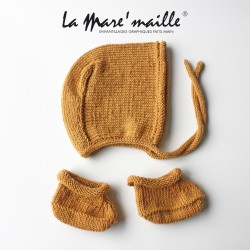 Ensemble chaussons et bonnet bébé maille laine Merinos miel