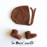Ensemble chaussons et bonnet béguin laine Mérinos marron