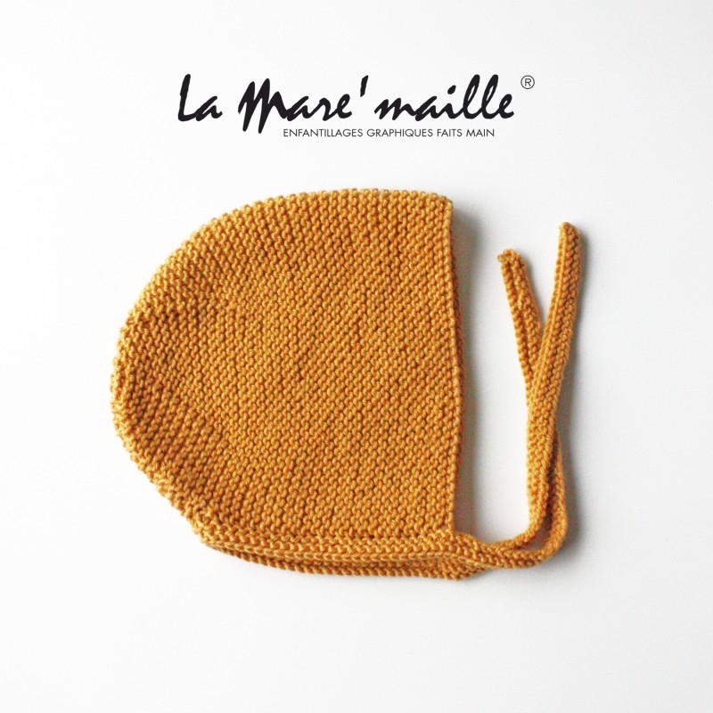 Bonnet béguin rétro pour bébé en laine Mérinos miel tricot main