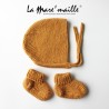 Ensemble chaussons et bonnet béguin laine Mérinos bio miel tricot main