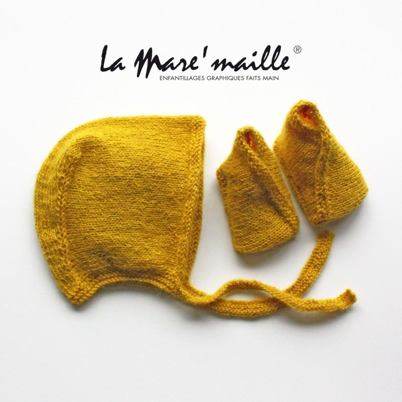 Ensemble chaussons et bonnet béguin laine Alpaga jaune moutarde tricot main