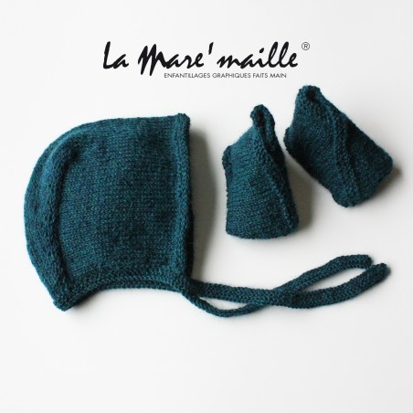 Ensemble chaussons et bonnet béguin laine Alpaga bleu foncé tricot main