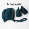 Ensemble chaussons et bonnet béguin laine Alpaga bleu foncé tricot main