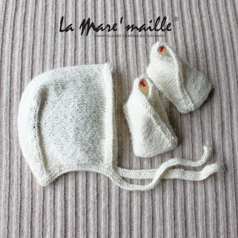 Ensemble chaussons et bonnet béguin laine Alpaga écru tricot main