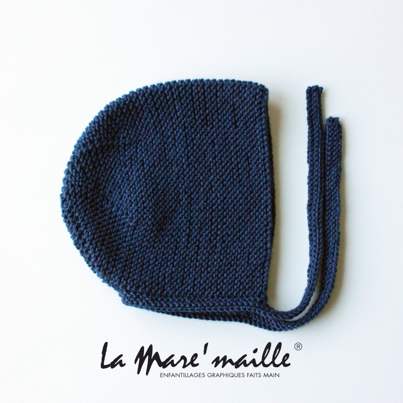 Bonnet béguin rétro pour bébé en laine Mérinos bleu marine tricot main