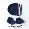 Ensemble chaussons et bonnet béguin laine Mérinos bleu marine tricot main