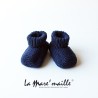 Ensemble chaussons et bonnet béguin laine Mérinos bleu marine tricot main
